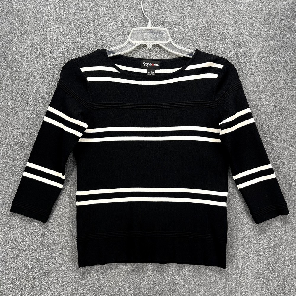 Style & Co Top sweater Woman Small S‎ Black white stripe stretch knit round neck